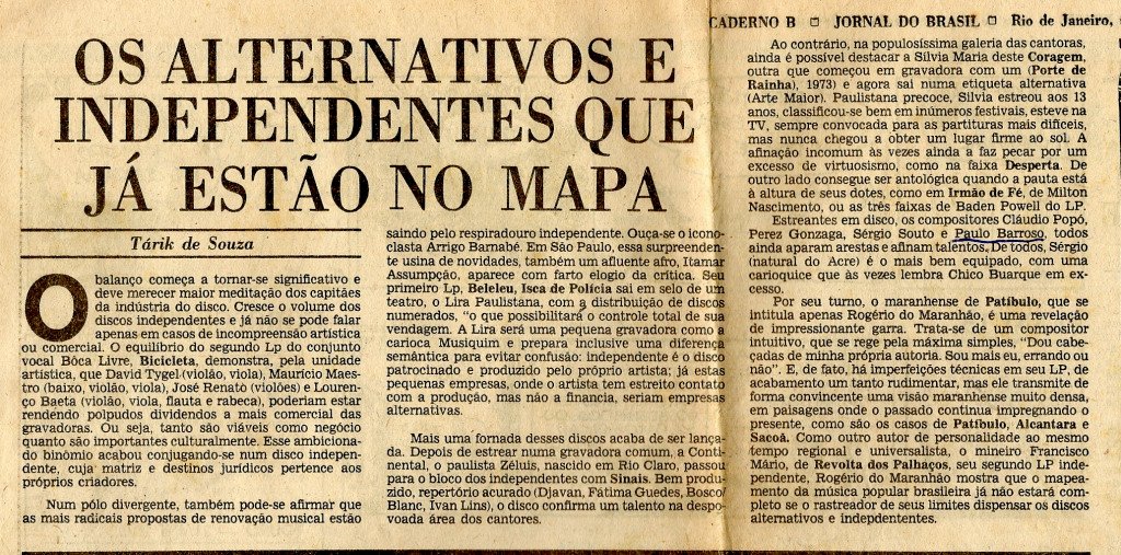 "Os alternativos e independentes que já estão no mapa" Matéria sobre produções independentes no Jornal do Brasil (RJ)