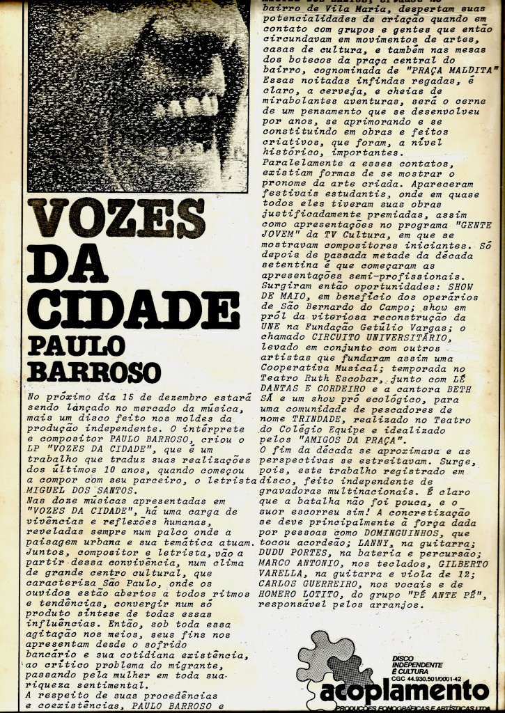 Release do LP Vozes da Cidade, de Paulo Barroso